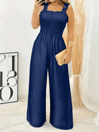 Women'S Solid Ruffled Camisole Sleeveless Jumpsuit, for Outings, Parties, Casual Daily Wear, Regular Thickness. Suitable for Spring And Summer, Autumn - Blue