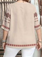 Fashion Women's Wear Beige Vintage Red Ethnic Embroidery Print V-Neck Three-Quarter Sleeve Half-Button Casual Blouse, a Perfect Gift for Women [Printed Design – Not Textured] - Mixed colors