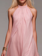 New Spring/Summer 2026 Small Round Neck Fashionable Split Versatile Women's Dress - Pink