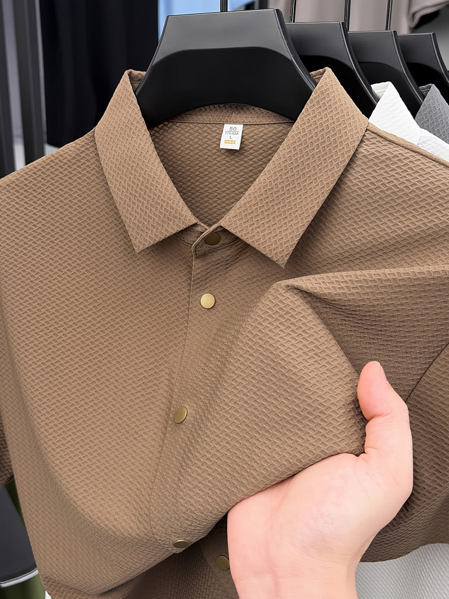 New Summer 2026 Men's Waffle Short-Sleeve Shirt, Lightweight and Breathable Business Casual T-Shirt, Multiple Colors Available, Refreshing and Versatile Commuter Top 100 - Coffee Color
