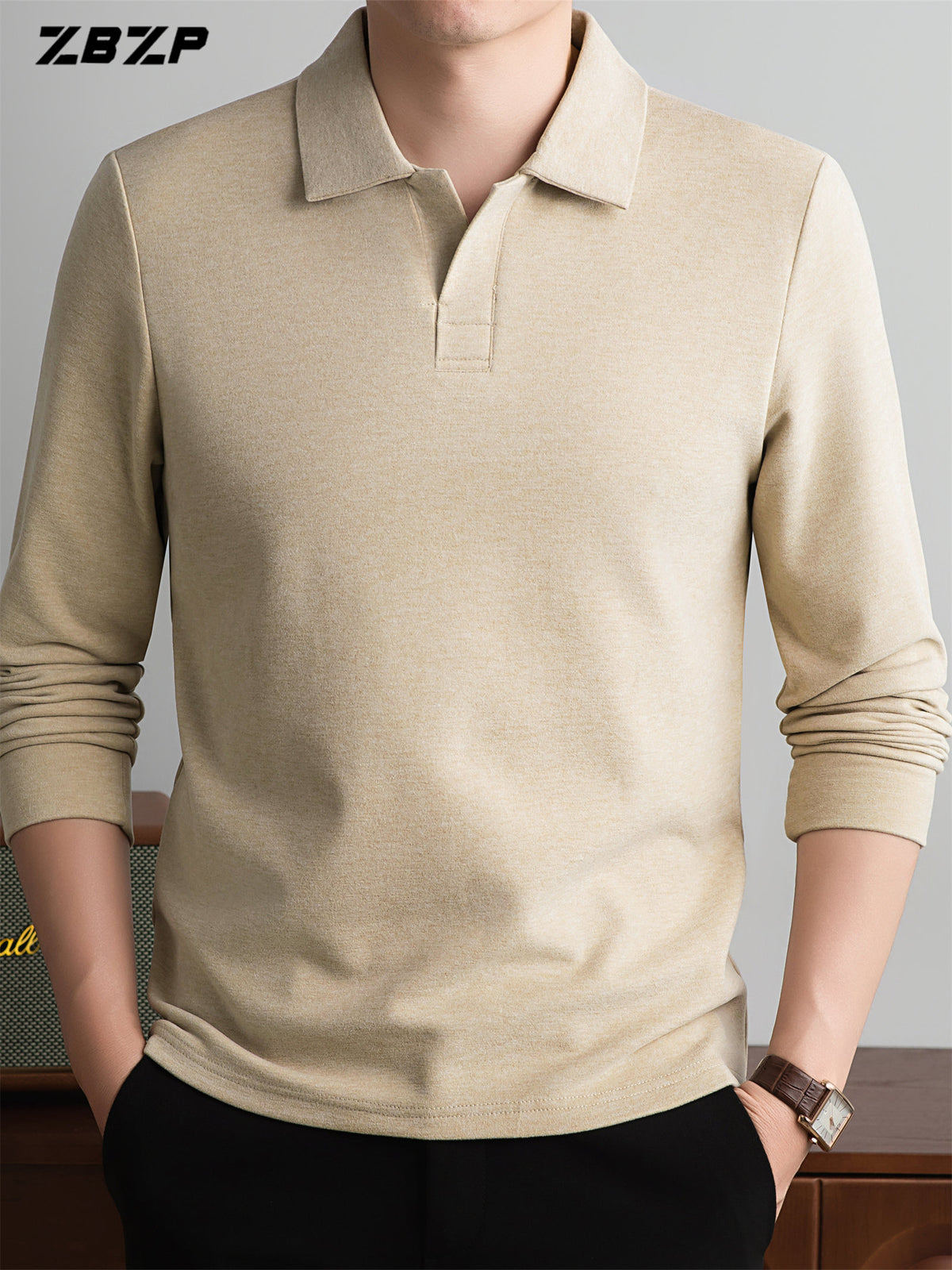 ZBZP New Spring, Autumn, Winter F-Collar Fashion Long-Sleeve Pullover T-Shirt for Young Men, Loose Fit Casual Long-Sleeve Top, Men's Clothing XFN - Khaki