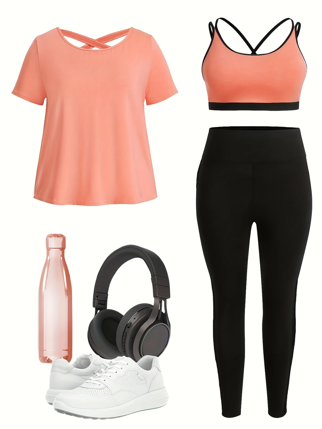 Plus-size Women's Three-piece Set: Solid Color Short-sleeve Top with Back Crisscross Straps, Crisscross Strap Bra with Design, and High-waisted Tight-fitting Yoga Leggings - Mixed colors