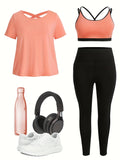 Plus-size Women's Three-piece Set: Solid Color Short-sleeve Top with Back Crisscross Straps, Crisscross Strap Bra with Design, and High-waisted Tight-fitting Yoga Leggings - Mixed colors