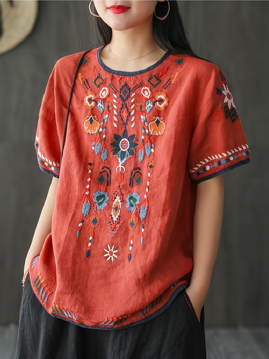 New Ethnic Style and Embroidered T-shirt for Women in Summer, Retro and Artistic, Loose and Oversized, and Versatile Short Sleeved Top The Chest, Cuffs, and Hem Are All Covered in Embroidered Patterns with Bohemian/ethnic Style - Red