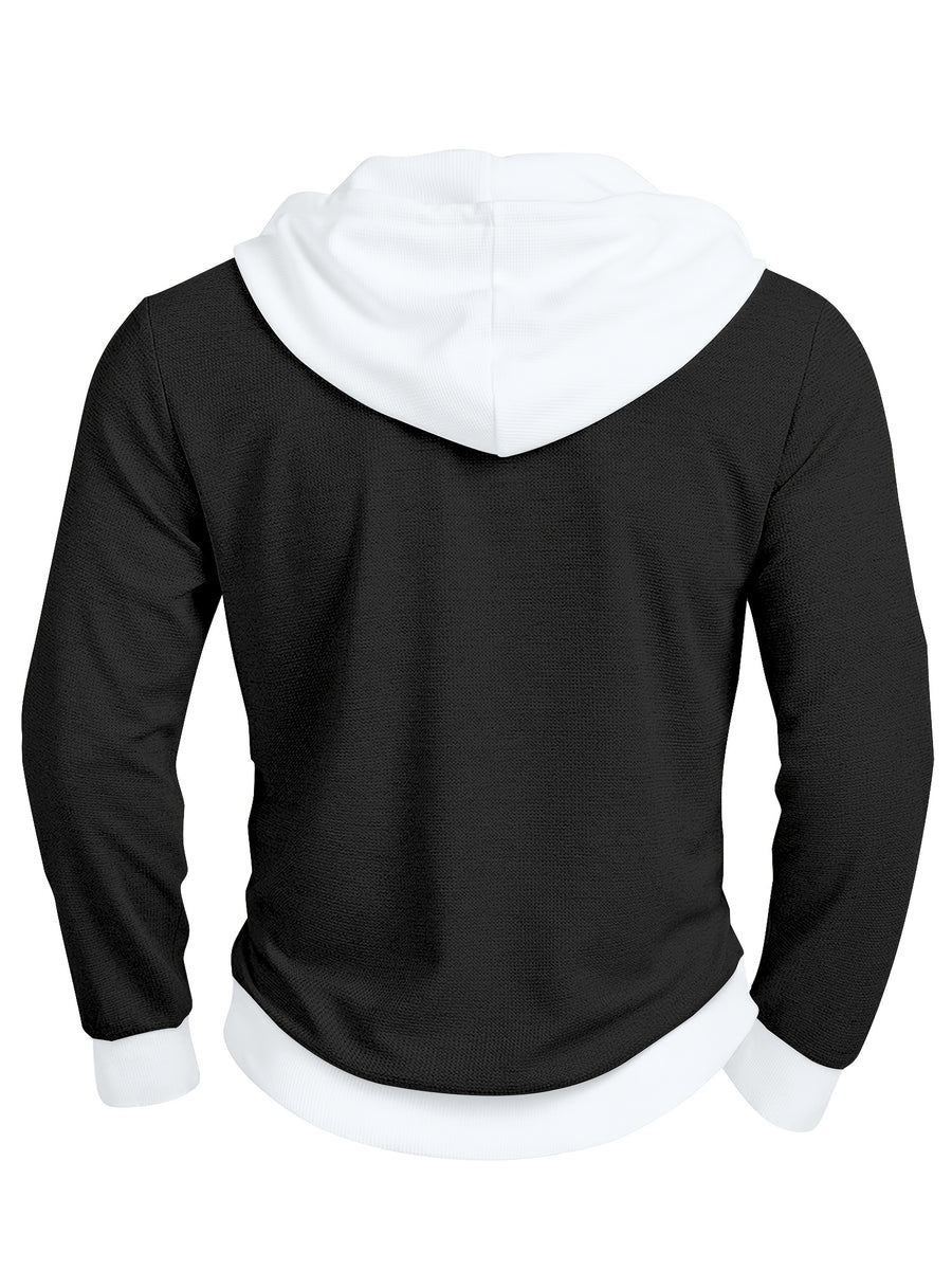 Men'S Casual Sweater Long-Sleeve Outdoor Stitching Hooded Contrast Color Half-Open Placket Design Fashionable Spring And Autumn Henry Hoodie - Black