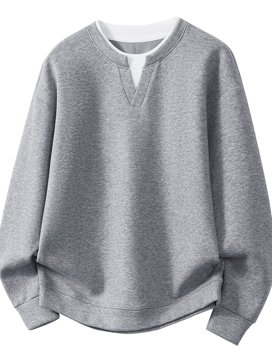 Men'S V-Neck Faux Two-Piece Long Sleeve Sweatshirt, Suitable for Commute And Casual Wear, Outerwear And Inner Wear, Regular Shoulder Long Sleeve Pullover Sweatshirt - SINBOS - Smoke Grey