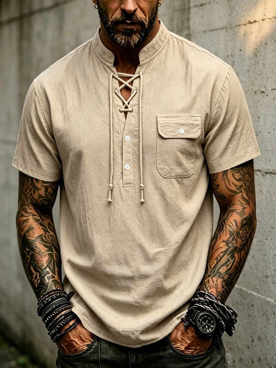 Men's Vintage Medieval Henley Shirt - Short Sleeve Mandarin Collar Cross Drawstring Blouse | Loose Fit Linen Look Top | Suitable for Casual Vacation, Outdoor & Casual Attire, Multi-Color Options - Khaki