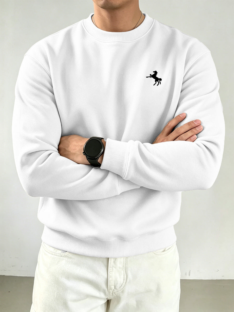 Men's Basic Crew Neck Sweatshirt with Small Galloping Horse Print on Left Chest, Casual Long Sleeve Loose Fit Versatile Solid Color Pullover Sport Sweatshirt - White