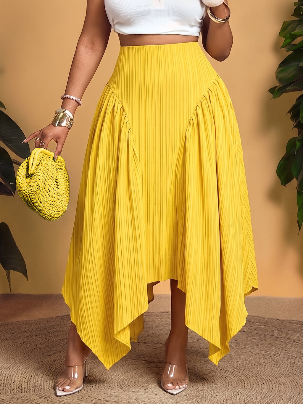 2026 Summer New French Elegant Solid Color Pleated Half Skirt, High-Waist Irregular Flared Long Dress, Vacation Travel Photography Essential Item - Yellow