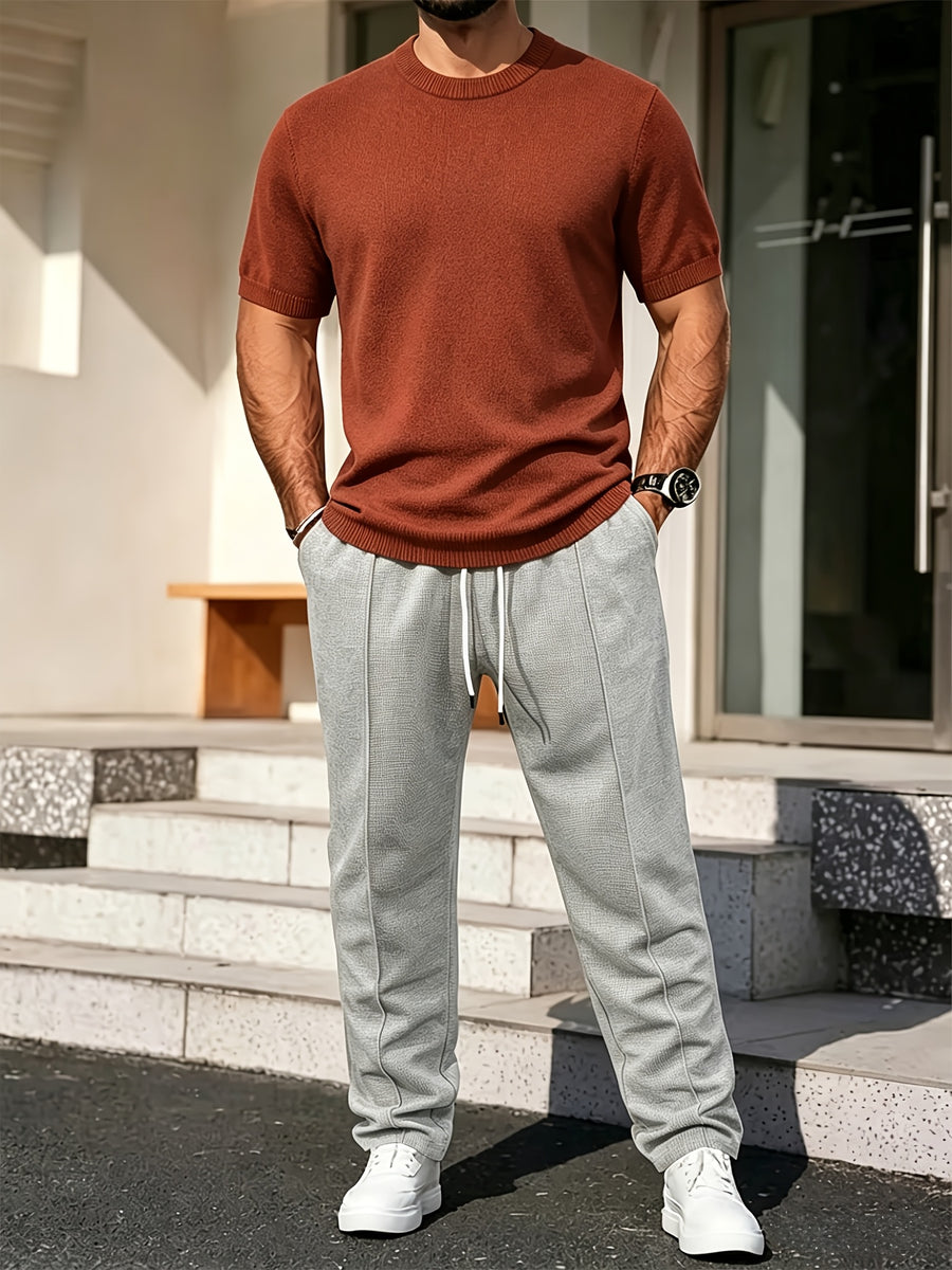 Men's Breathable Short Sleeve T-Shirt - Solid Color Round Neck Base Layer, Casual & Business Versatile Opaque Shirt, Machine Washable Suitable for Office Wear, Layering, Everyday Use - Brick Red