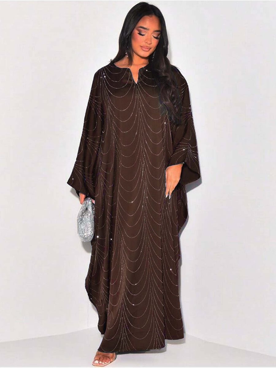 Ramadan Middle East Muslim New Women's Fashion Loose Rhinestone Batwing Sleeve Abaya Gown - Reddish Brown