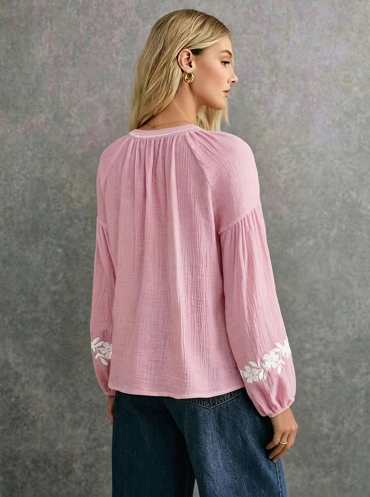 French-style Embroidered Ethnic-inspired Double-layer Breathable Fabric Long-sleeve Shirt, Offering Ease, Comfort, and Breathability, Perfect for Daily Wear, Commuting, and Vacations - Pink