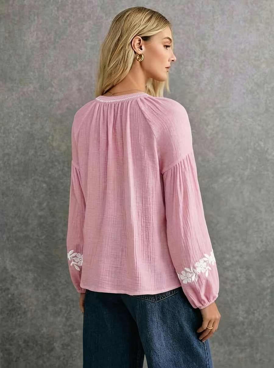 French-style Embroidered Ethnic-inspired Double-layer Breathable Fabric Long-sleeve Shirt, Offering Ease, Comfort, and Breathability, Perfect for Daily Wear, Commuting, and Vacations - Pink