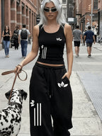 Western Street Style Black Sleeveless Vest Wide-Leg Pants Two-Piece Set Women'S Summer Casual Athletic Outfit Loose High-Waist Long Pants Set - Black