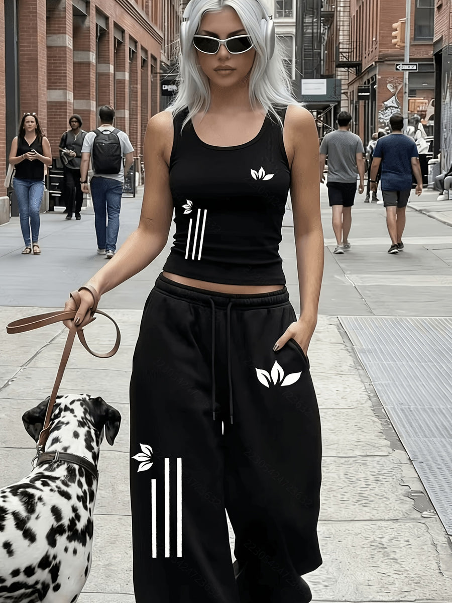 Western Street Style Black Sleeveless Vest Wide-Leg Pants Two-Piece Set Women'S Summer Casual Athletic Outfit Loose High-Waist Long Pants Set - Black