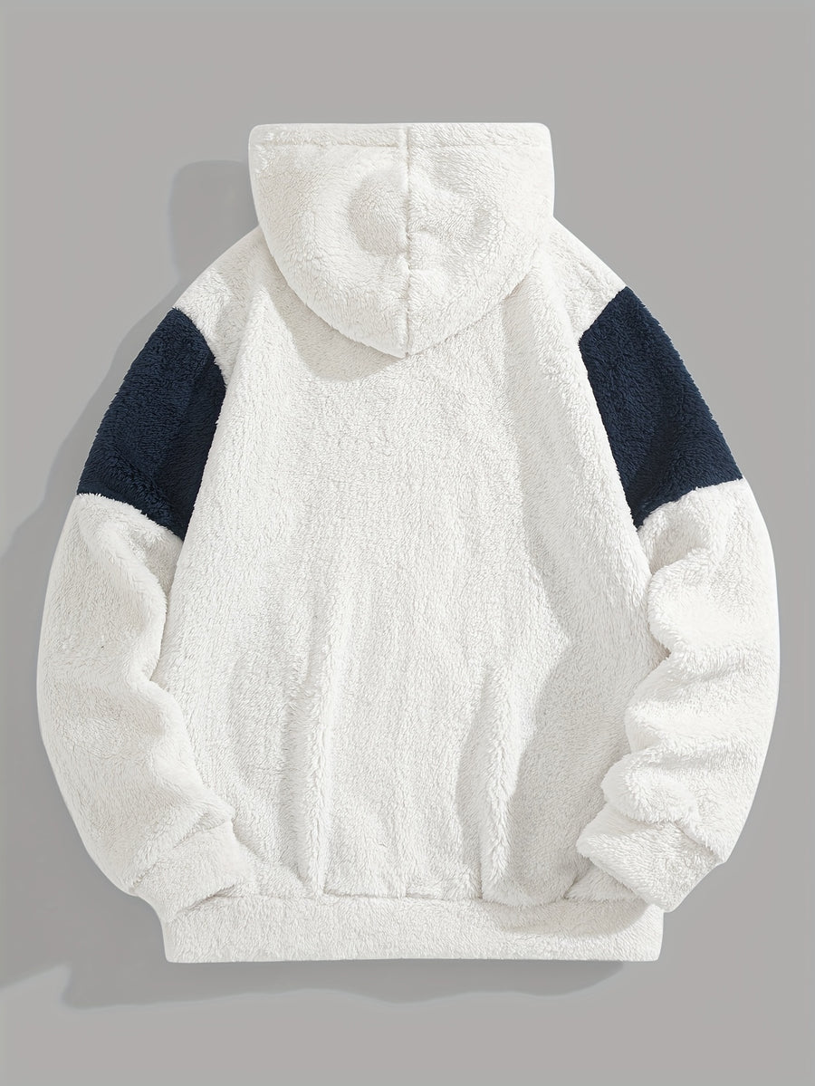 1pc Color-Block Spliced Reversible Plush Hooded Sweatshirt, Letter Embroidered Sweatshirt, Casual Sporty Hoodie, Soft and Comfortable Fabric, Warm and Breathable - Ivory White