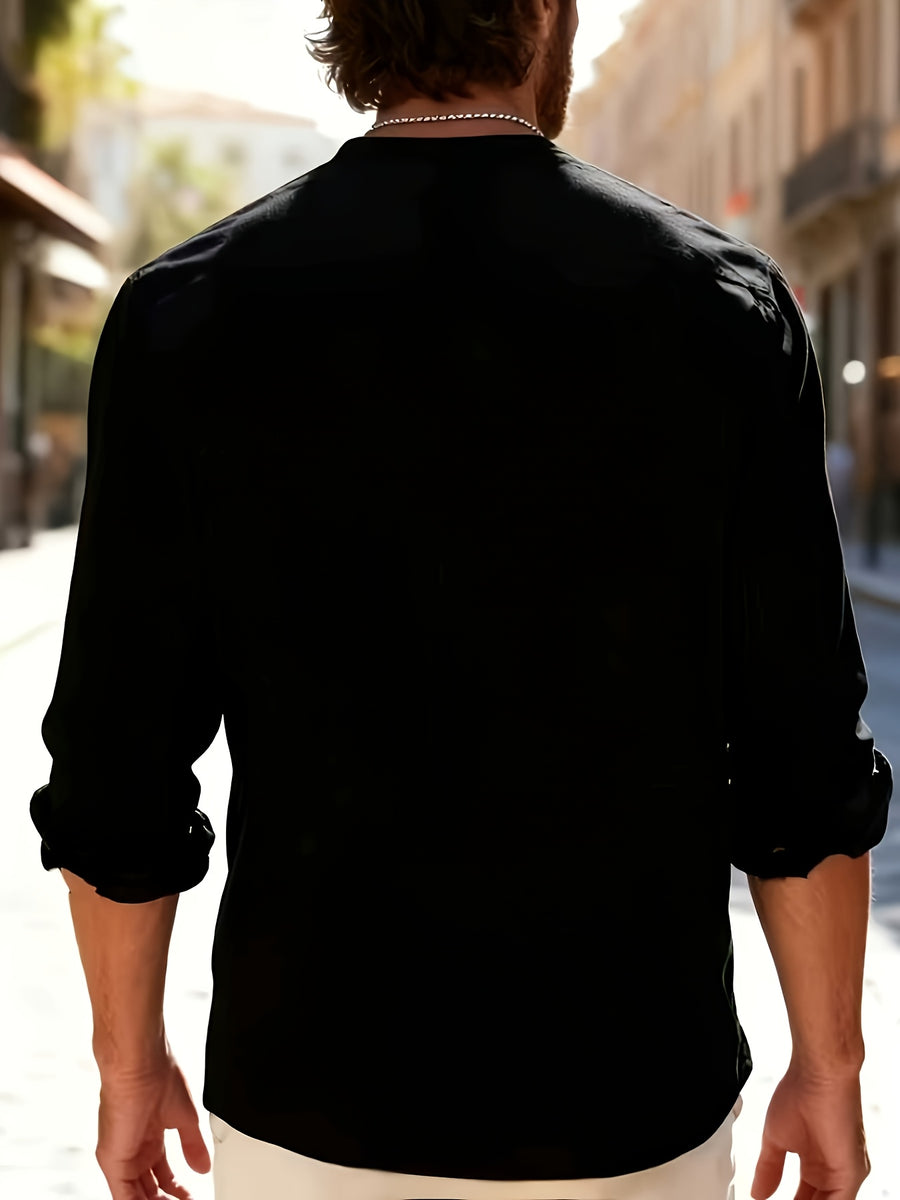 Men'S Fashion Polo Neck Linen Breathable Comfortable Casual All-Season Long Sleeve Shirt, Spring And Summer, Regular Fit, Polo Collar, Daily, Button - Black