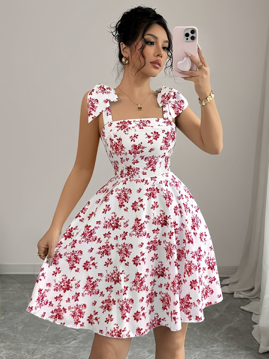 Elegant Women's Printed Back-Wrap Shoulder-Tie Bow Waist-Cinching Dress, Suitable for Dates, Parties, Gatherings, and Beach Vacations - White