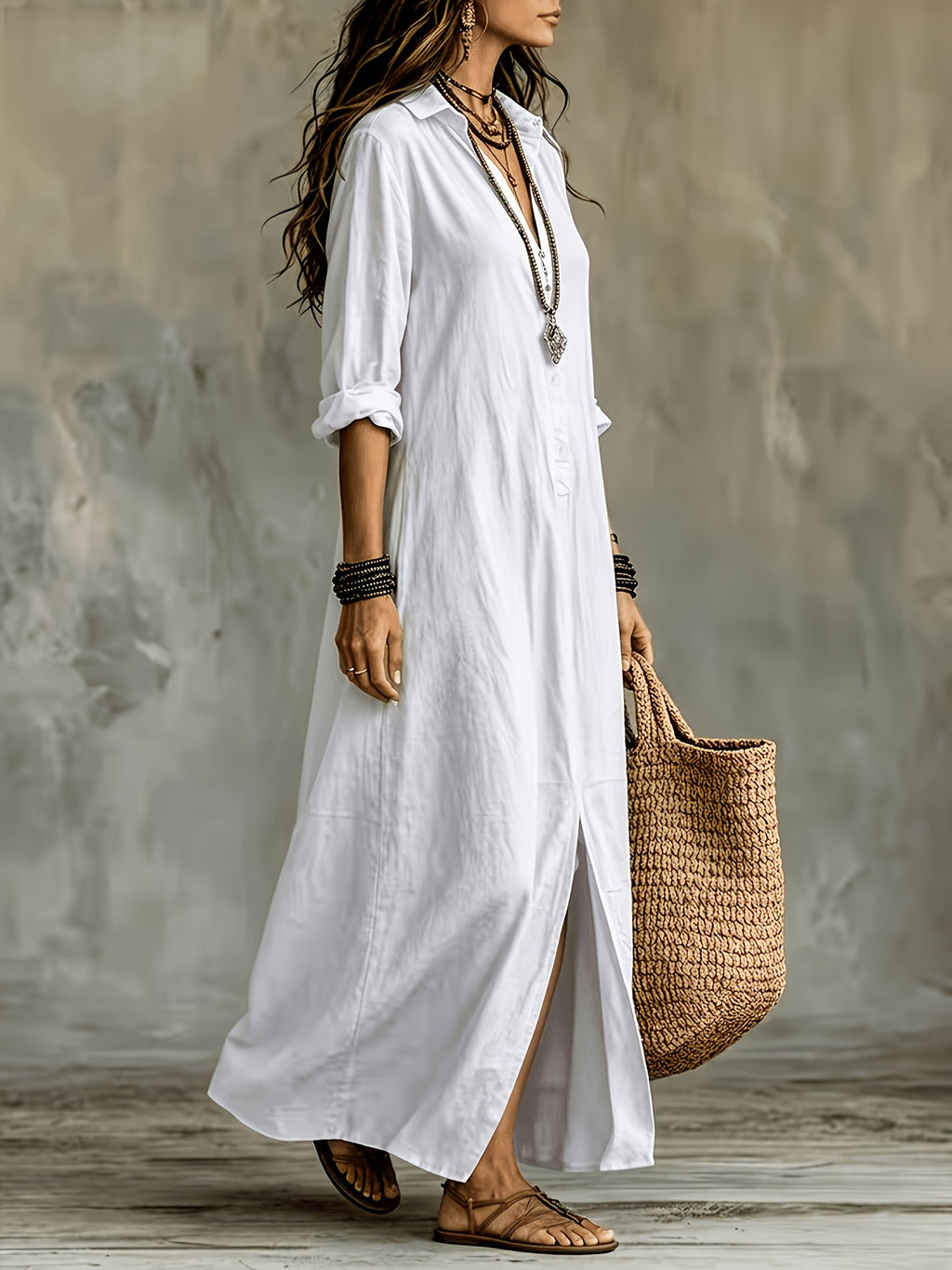 Plus Size, Women's Plus Size Spring/Summer/Autumn Bohemian Solid Color Half-Open Lapel Long Blouse, Casual Button-Up Lazy Style Long Sleeve Shirt Dress, Breathable Long Shirt Dress for Beach Vacations, Travel, and Daily Wear - White