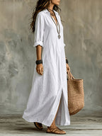 Plus Size, Women's Plus Size Spring/Summer/Autumn Bohemian Solid Color Half-Open Lapel Long Blouse, Casual Button-Up Lazy Style Long Sleeve Shirt Dress, Breathable Long Shirt Dress for Beach Vacations, Travel, and Daily Wear - White