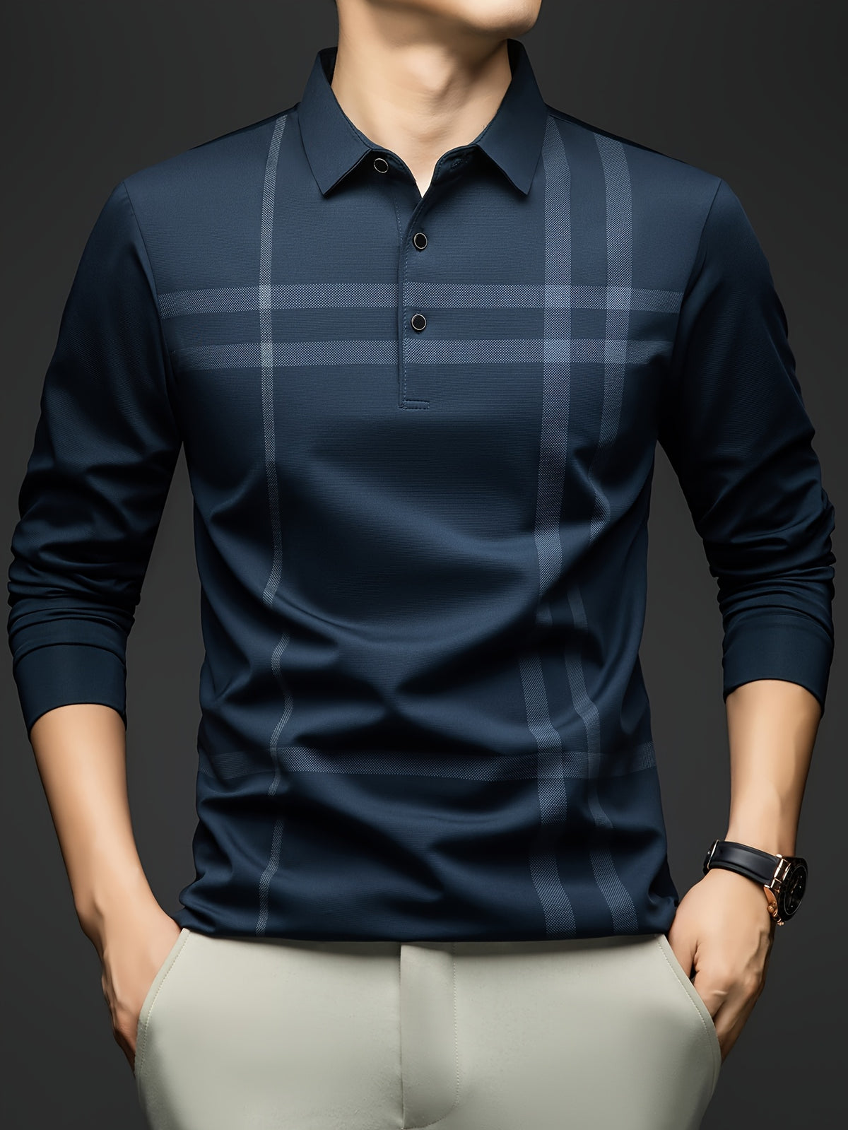 Men'S Striped Long Sleeve Shirt, Casual Commuter Versatile T-Shirt, Lapel Men'S Outdoor Athletic Wear, Easy Long Sleeve Lapel Business T-Shirt, Comfortable Breathable Middle-Aged Men'S Clothing - Dark Cyan