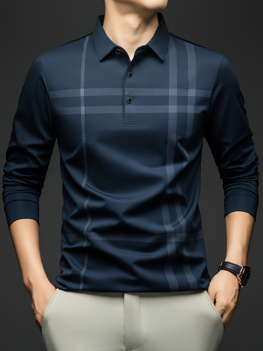Men'S Striped Long Sleeve Shirt, Casual Commuter Versatile T-Shirt, Lapel Men'S Outdoor Athletic Wear, Easy Long Sleeve Lapel Business T-Shirt, Comfortable Breathable Middle-Aged Men'S Clothing - Dark Cyan
