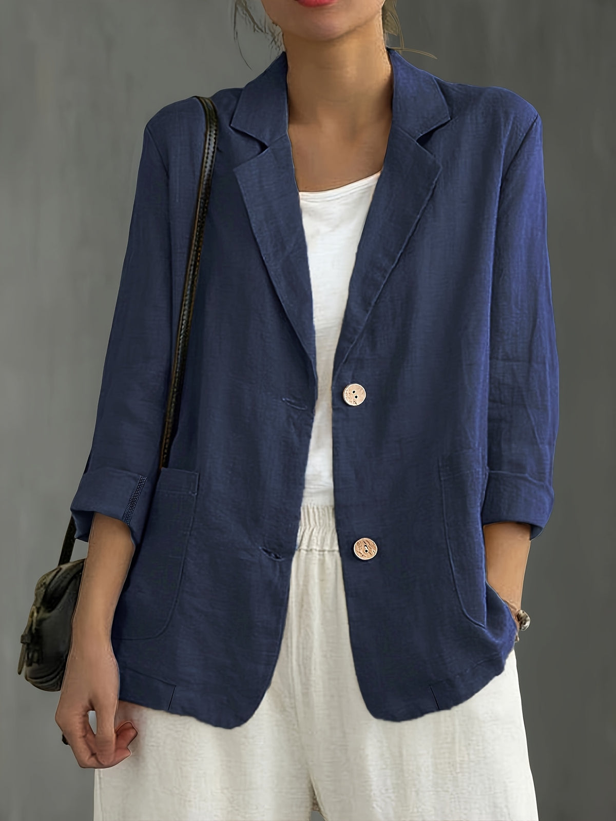 Casual Two-button Commuter Long-sleeve Spring/summer New Style Blazer with Pockets - Navy Color