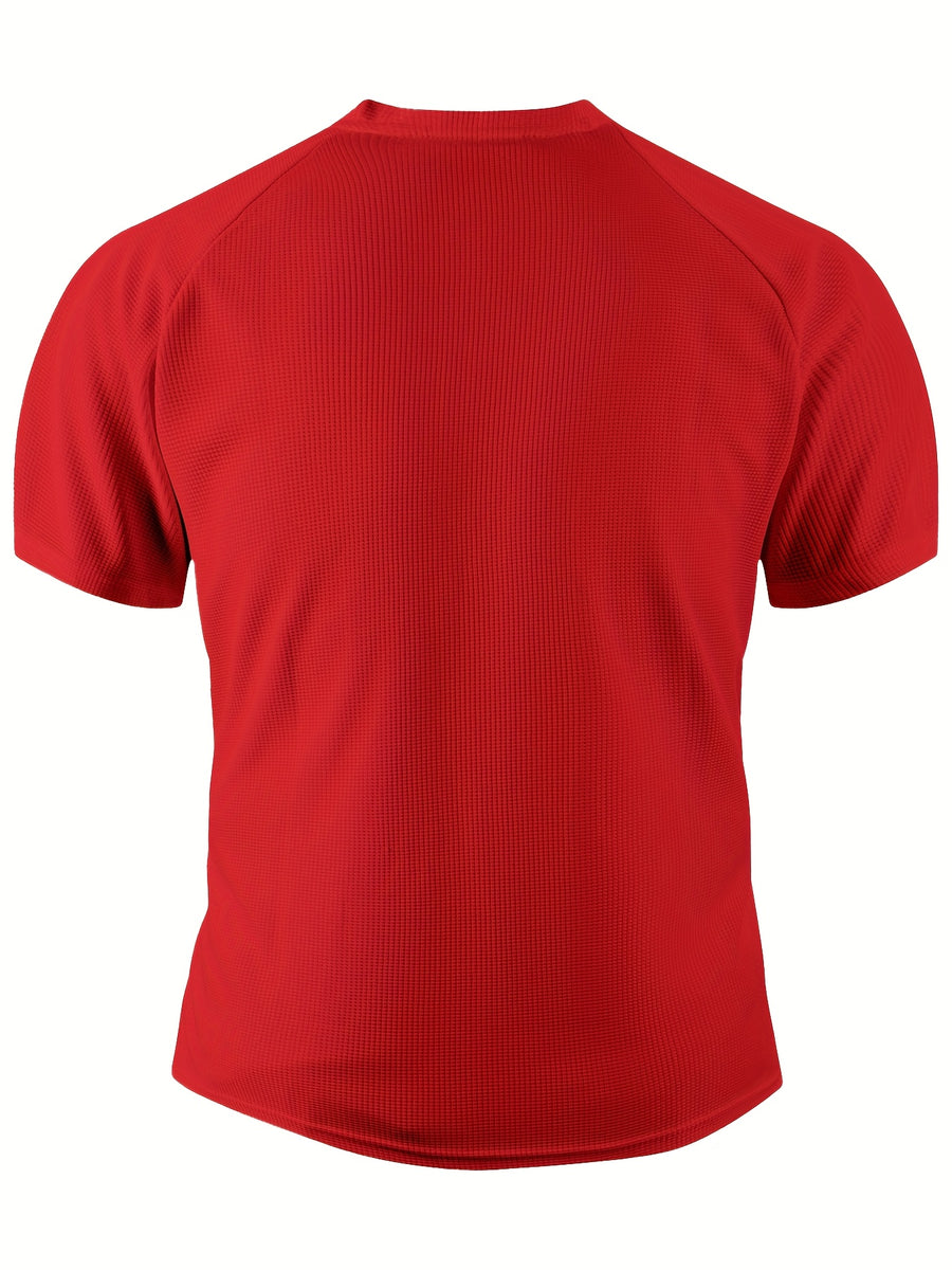 Breathable and Comfortable Men's Casual Short-sleeve Henley Waffle Knit Shirt with a Stand-up Collar - Red