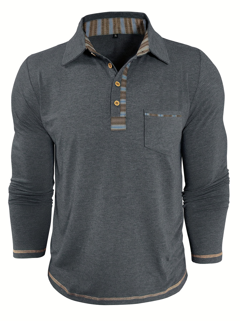 Men'S Retro Trendy Fashion Lapel Long Sleeve Polo Shirt, Casual Stylish Pocket Top T-Shirt - Dark Gray