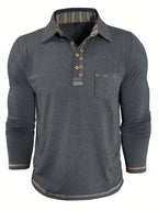 Men'S Retro Trendy Fashion Lapel Long Sleeve Polo Shirt, Casual Stylish Pocket Top T-Shirt - Dark Gray