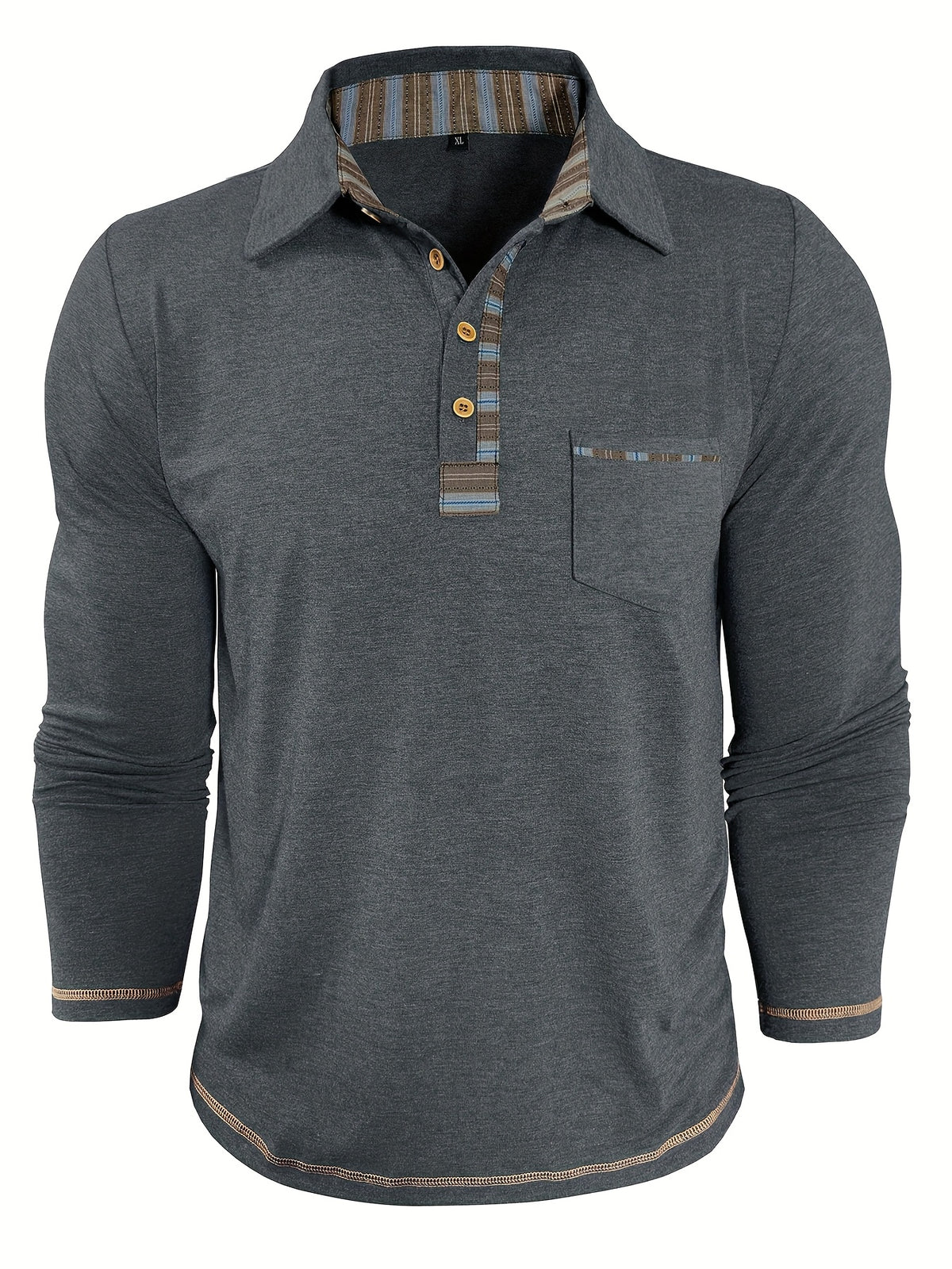 Men'S Retro Trendy Fashion Lapel Long Sleeve Polo Shirt, Casual Stylish Pocket Top T-Shirt - Dark Gray