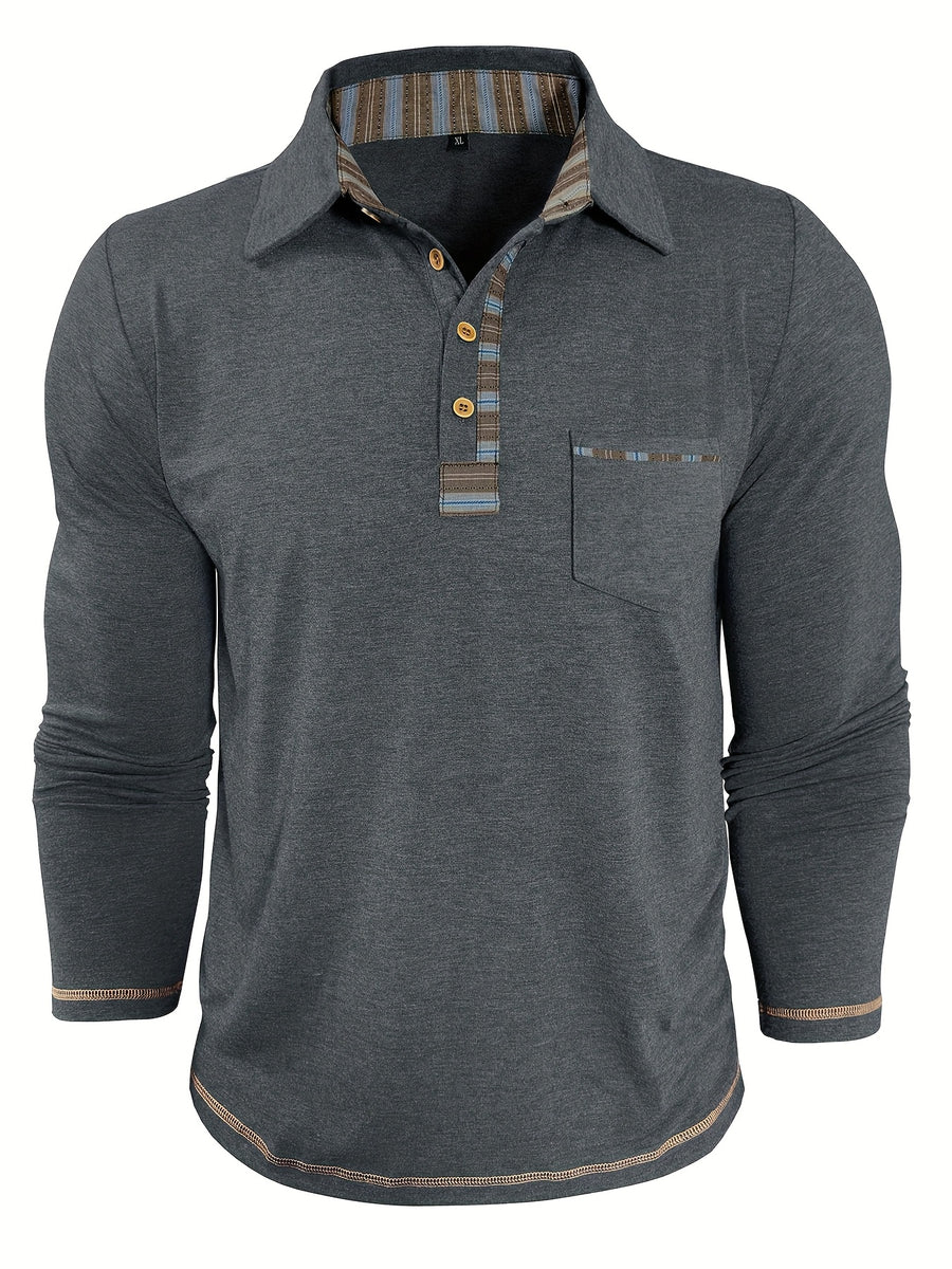 Men'S Retro Trendy Fashion Lapel Long Sleeve Polo Shirt, Casual Stylish Pocket Top T-Shirt - Dark Gray