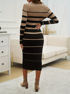 Stylish Commuter Casual Slim Fit Sweater Dress with Round Neck, Long Sleeves and Hip-Hugging Design in Striped Contrast for All Seasons - Black