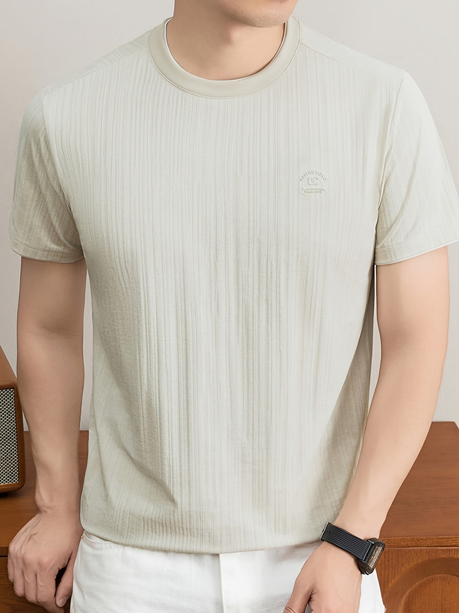 Summer New Men'S T-Shirt, Fashionable Trendy Faux Two-Piece Round Neck Short Sleeve T-Shirt for Men, Business Casual Mid-Age Men'S Solid Color Top, Suitable for Daily Work Scenarios, Men'S Gift - Beige Color