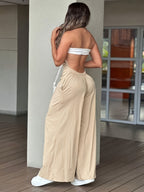 Spring/Autumn Hot Style Color-Block Bandeau Jumpsuit, Waist-Cinching Wide-Leg Pants (KYDX) - Khaki