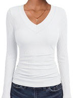Women'S Fashion Ribbed Sweater 3pcs Set, Slim Fit Basic Style Comfortable V-Neck Long Sleeve Body Suit Top - Beige+White+Black