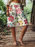 Women's Casual Shorts, Bohemian Floral Print Wide-Leg Knee-Length Pants, Summer Faux Elastic Waist Loose Fit Vacation Casual Capris - Mixed colors