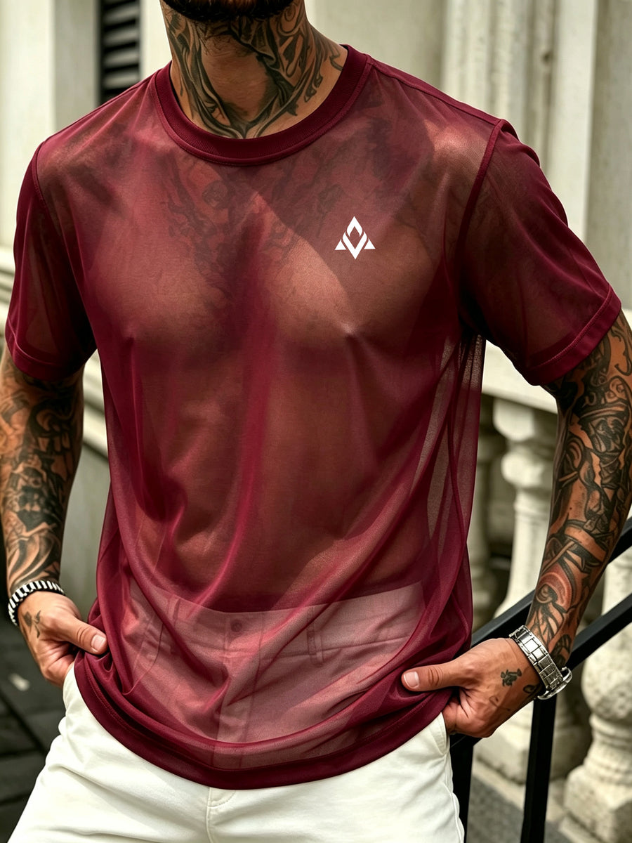 Men's Geometric Triangle Small Logo Mesh Short Sleeve Cooling Quick-Dry Loose Fit Crew Neck Sports T-Shirt - Burgundy