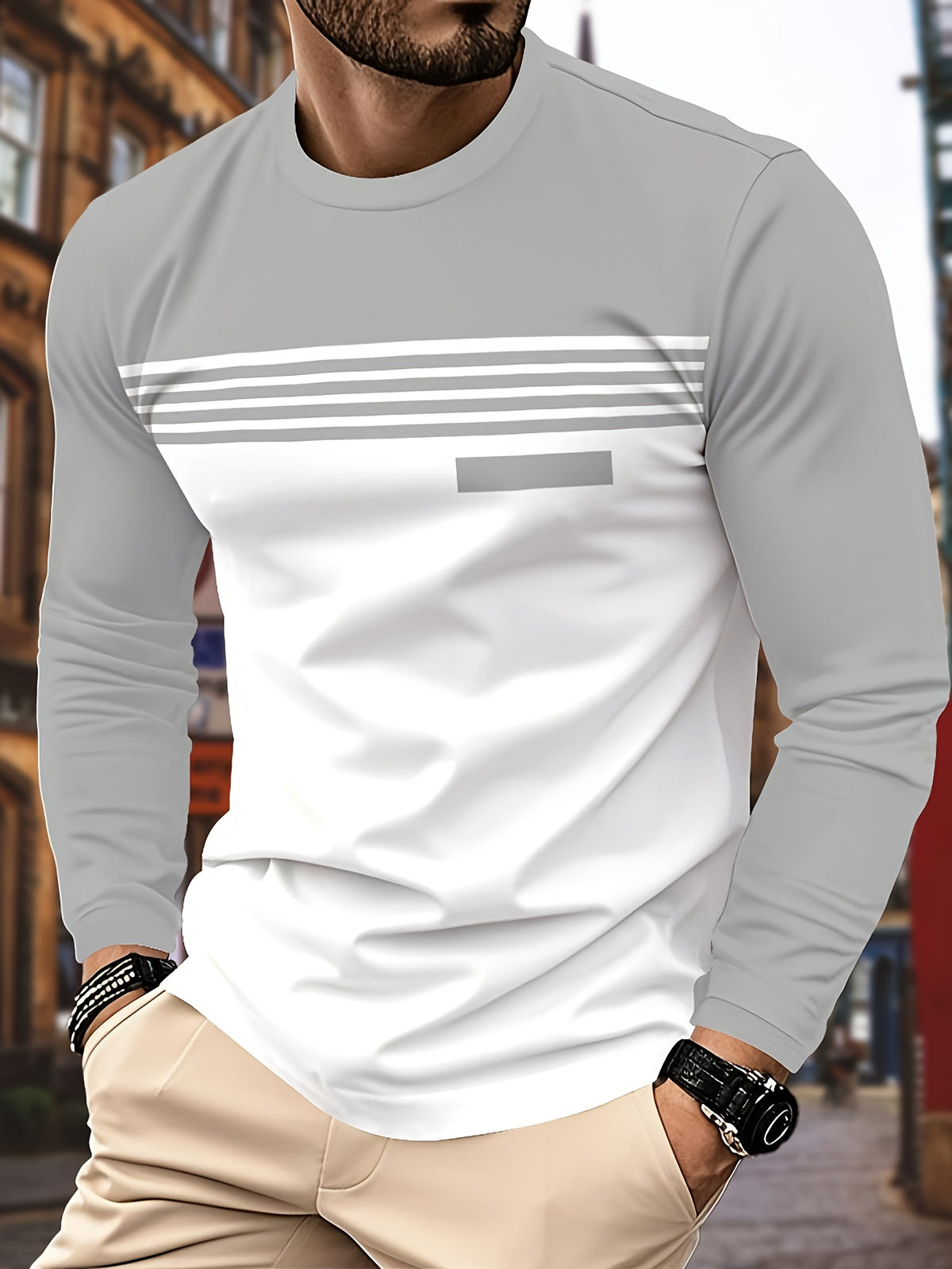 3pcs Men's Color Block Patchwork Long Sleeve T-Shirt, Simple Horizontal Stripe Faux Pocket Crew Neck Casual Top [Print Design - No Texture] - Mixed colors