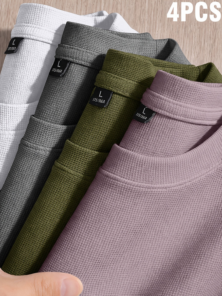 Versatile Summer Casual Small Waffle Grid Cool Short-Sleeved T-Shirt 4pcs Set - Purple+Army Green+Medium Gray+White