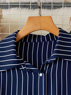 [Size for Regular Fit] Women'S Spring Autumn Elegant Striped Loose Long Sleeve Shirred Blouse, Chain Detail Tie-Waist Shirt - Navy Color