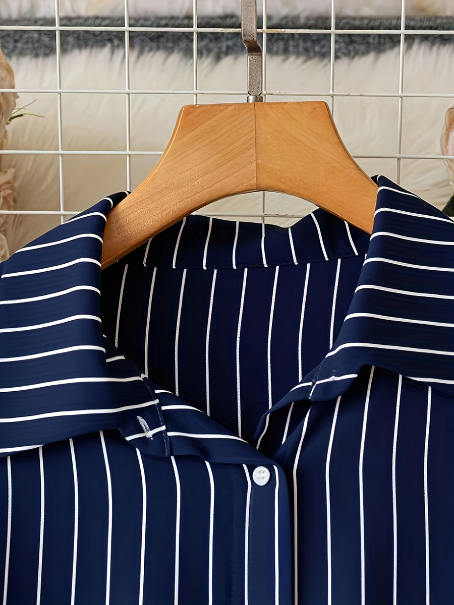 [Size for Regular Fit] Women'S Spring Autumn Elegant Striped Loose Long Sleeve Shirred Blouse, Chain Detail Tie-Waist Shirt - Navy Color