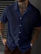 Men'S Solid Color Knitted Short Sleeve Shirt - Blue