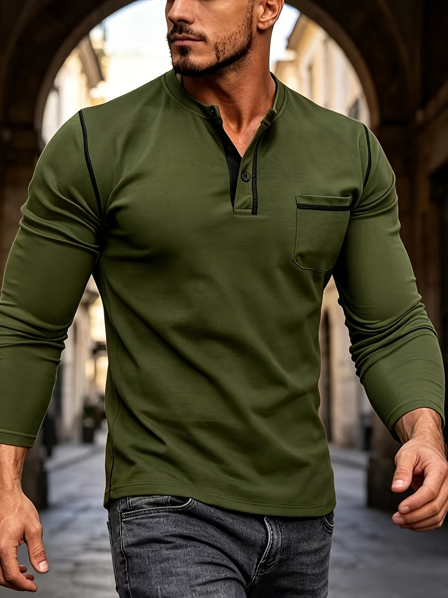 New Quick-Dry Fabric Henley Collar Long Sleeve Men'S Color-Block Lines Chest Pocket Casual Commute Running Fitness Long Sleeve Shirt - Military Green