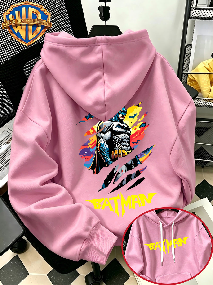 [Warner Bros. Official] Autumn/Winter Streetwear Fashion Men's Drawstring Pocket Hoodie Sweatshirt, Ripped Color Ink Batman Comic Book Cool Print Design, Sporty Style Loose Fit Hoodie, for Daily Casual Wear, Men's Trendy Fashion, Suitable for Home - Pink Color