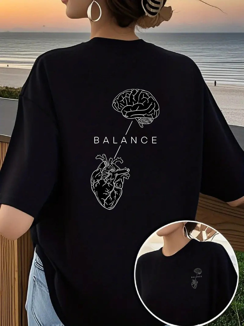 Short-Sleeve T-Shirt - Balance, Brain & Heart - Women's Spring/Summer Trendy Printed T-Shirt, Your Best Choice! - Black