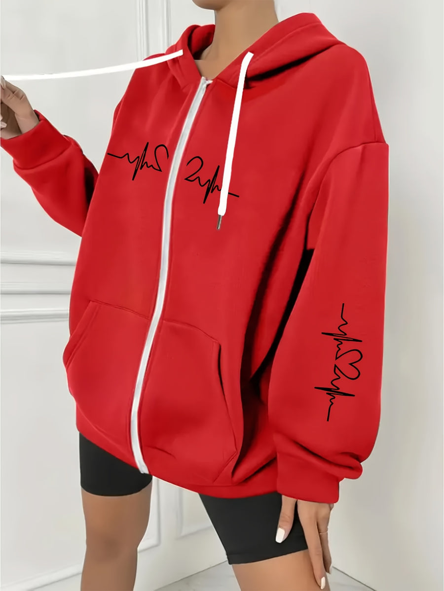 Plus Size - Plus Size - Women'S Plus Size Casual Zip Hoodie with Striking Heart Print, Chest And Sleeve Pattern, Comfortable Machine-Washable Hooded Jacket, And Long-Sleeve Zippered Sweatshirt with Front Pockets - Red