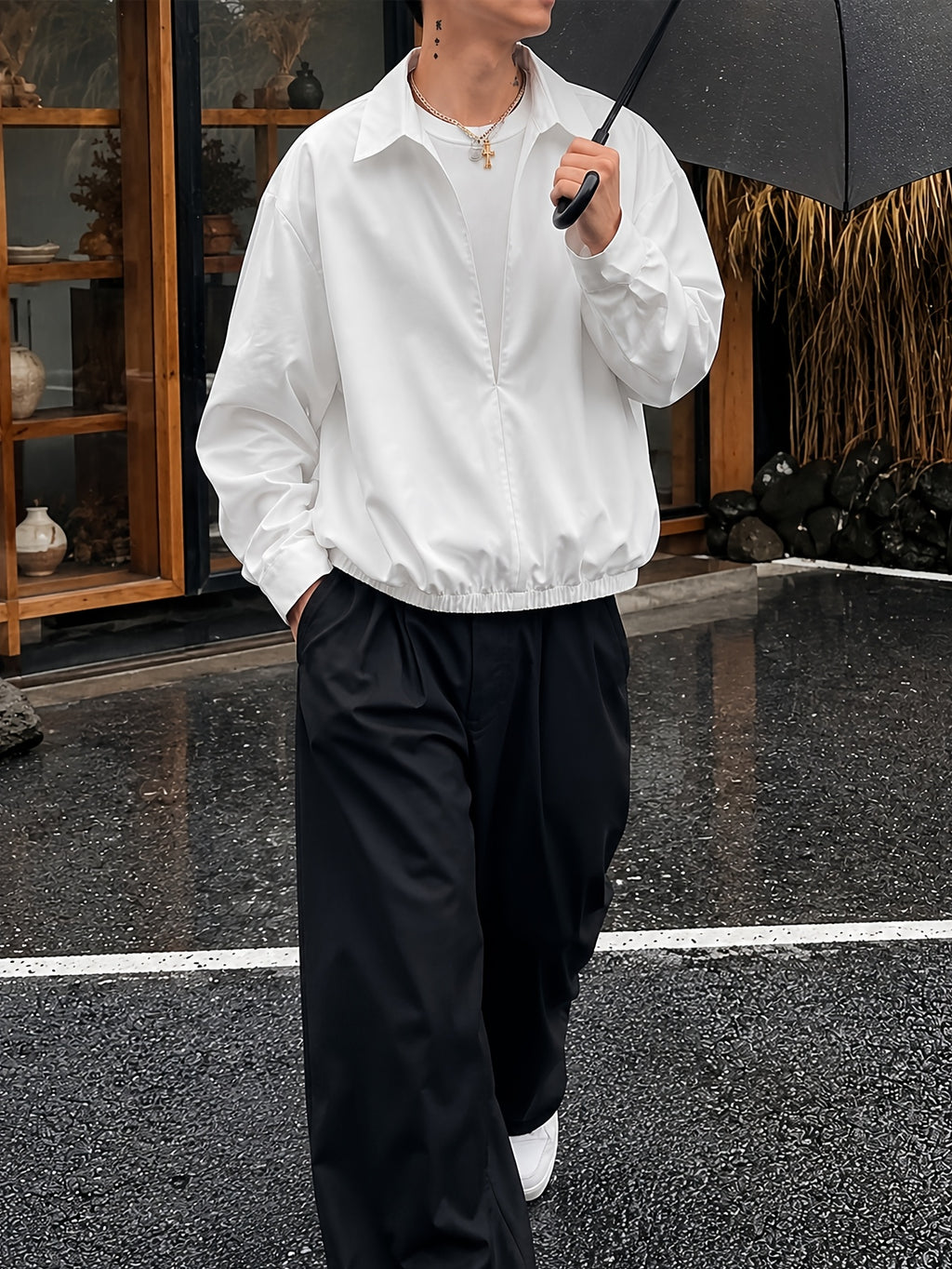 Men'S V-Neck Faux Two-Piece Open Front Long Sleeve Shirt Jacket with Elastic Cinch Hem, Premium Casual Commuter Shirt, Everyday Relaxed All-Match Pullover - White