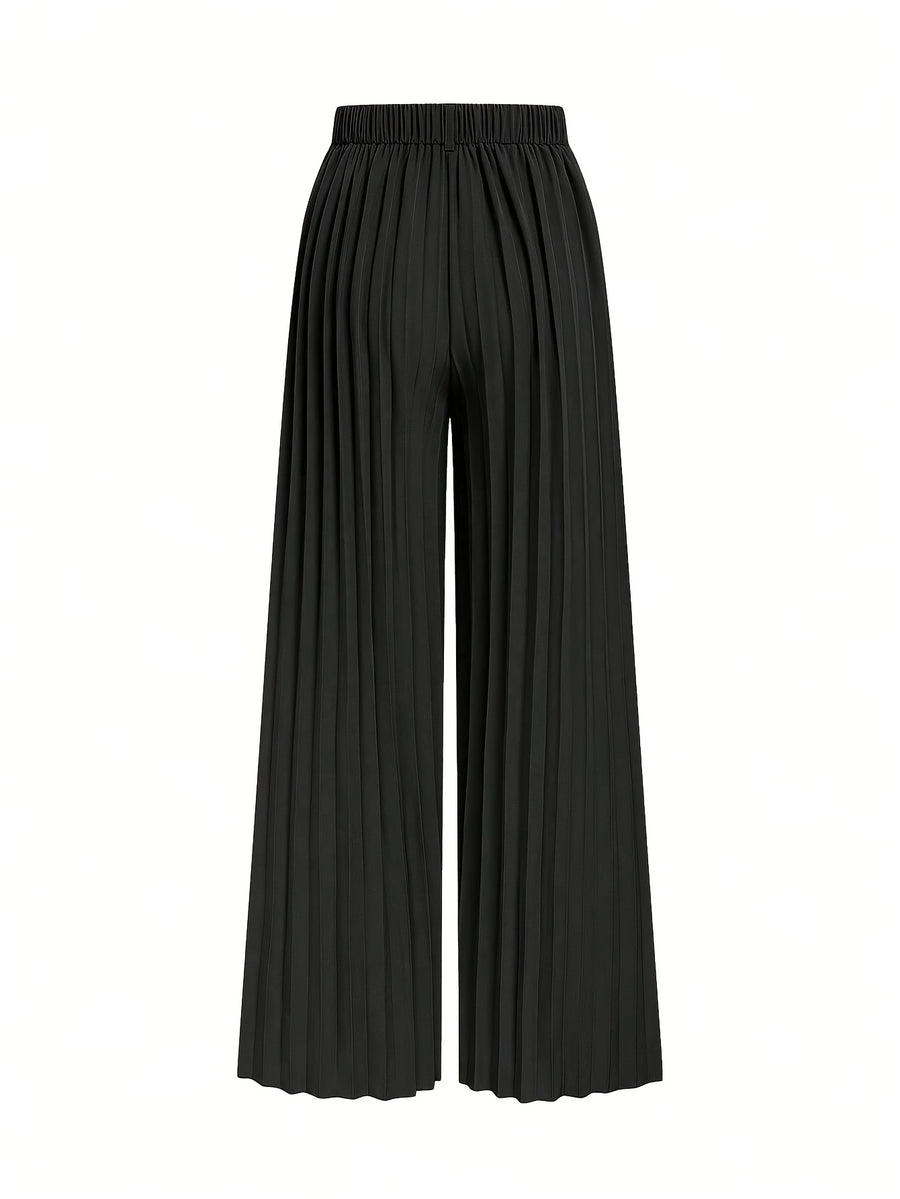ASD1 Women's New Elegant Solid Color Stretch Waist Pleated Wide-Leg Pants, Designed Specifically for Commuting, Belt Not Included - Black