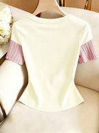 Women'S Casual Muscle Texture Patchwork T-Shirt - Apricot